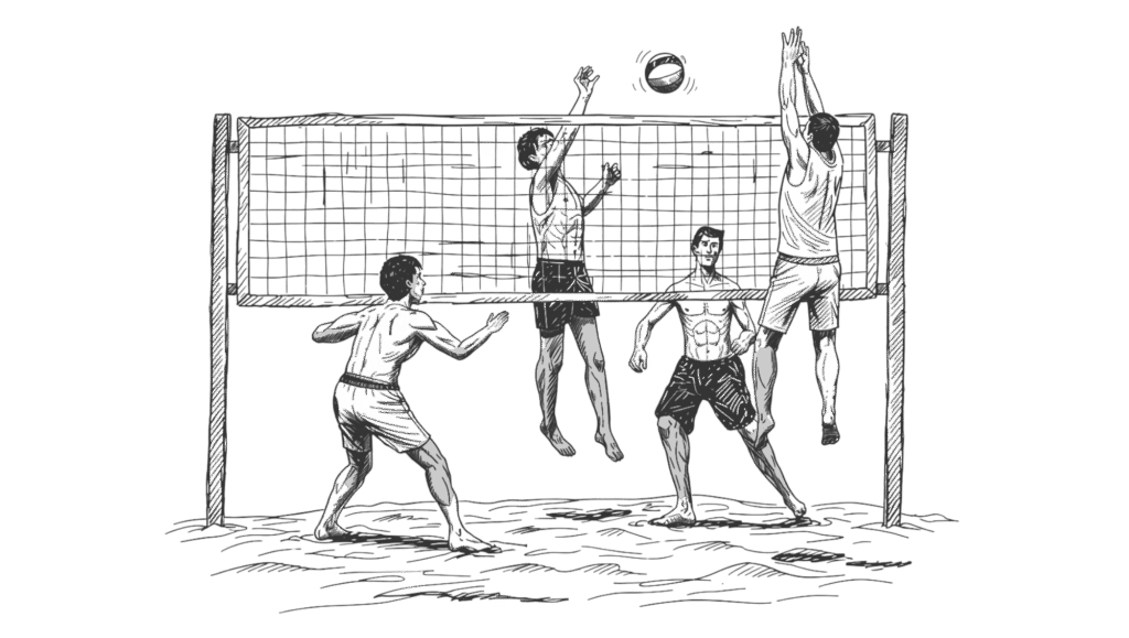 Tekening van mensen die volleyballen bij de Watergeus